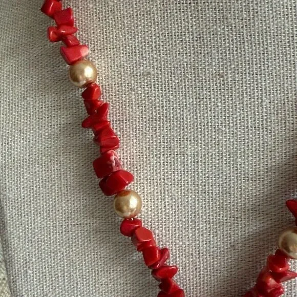 Red Coral & Pearl Pendant Necklace with Silver Tone Toggle Clasp.